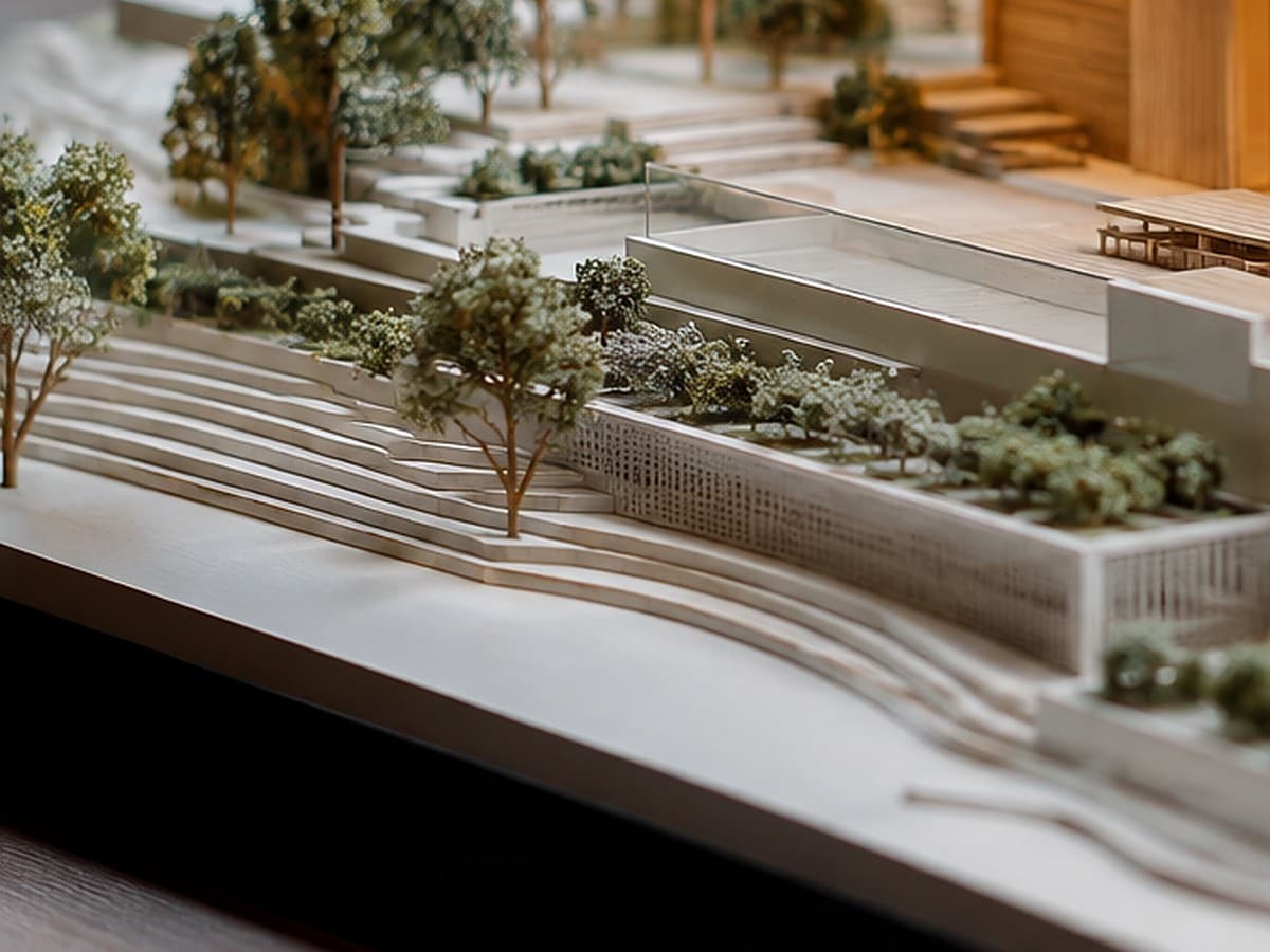 Close-up of a model's terraced landscape, planters and trees