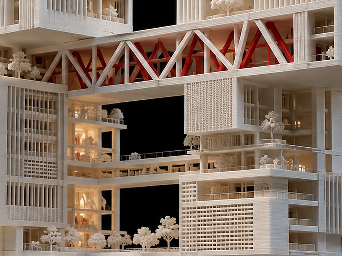 Close-up of a red truss bridge between two towers of a model
